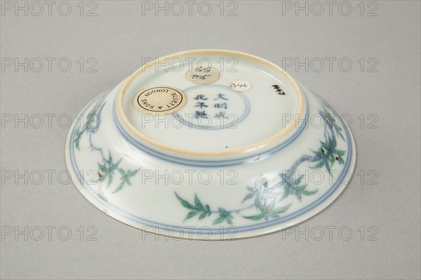 Doucai saucer with fruiting peach, late Kangxi period (1700-1722). Artist: Unknown.