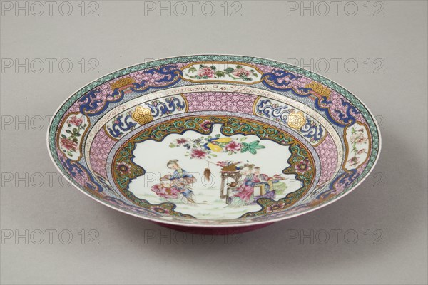 European copy of Ruby-backed eggshell famille-rose seven bordered dish, 20th century.  Artist: Unknown.