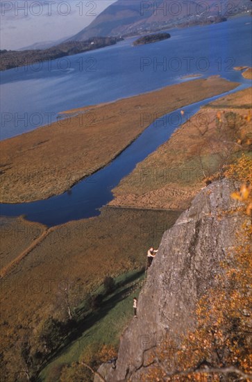 Climbers on Shepherds Crag, Derwentwater, Borrowdale, Lake District, Cumberland, 20th century. Artist: CM Dixon.