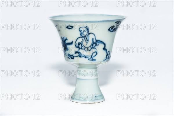 Blue and white stem cup with two scholars in landscape, 2nd half 15th century. Artist: Unknown.