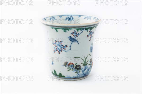 Beaker with underglaze blue birds, grasses and flowers, 1660-1677. Artist: Unknown.