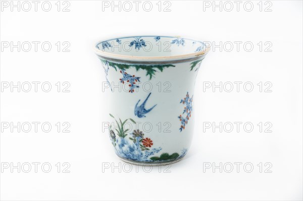 Beaker with underglaze blue birds, grasses and flowers, 1660-1677. Artist: Unknown.