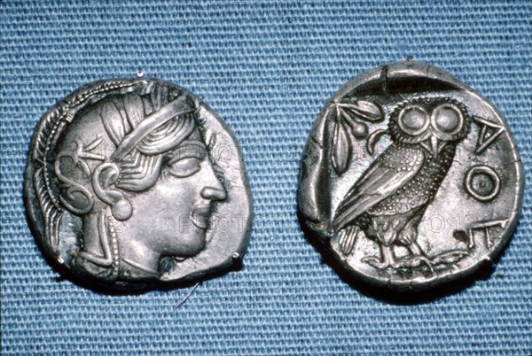 Tetradrachm, Greek Coin, Silver Head of Athena and Owl, mid to late 5th century BC. Artist: Unknown.