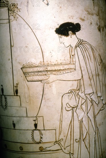 Greek Vase-Painting, A woman brings offering to an altar, c5th century BC. Artist: Unknown.