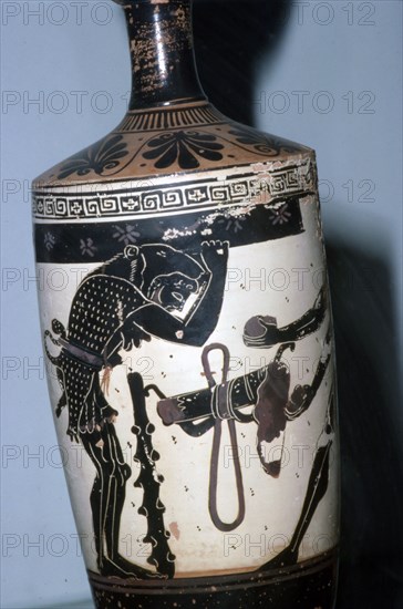 Atlas, Heracles and the golden apples, Athenian black-figure lekythos, c6th century BC. Artist: Unknown.