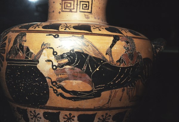 Hercules bring Cerberus to Eurystheus (sheltering in the large jar), c6th century BC Artist: Unknown.