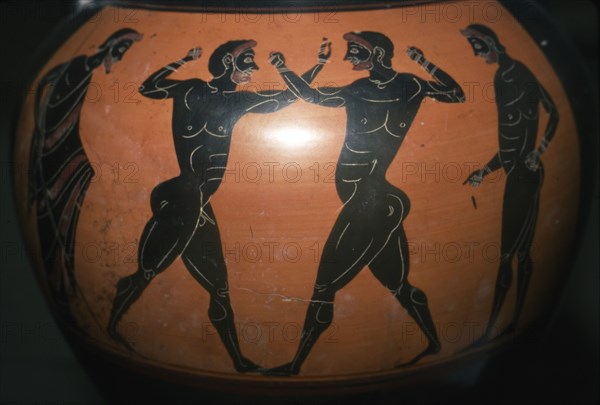 Greek Vase, Black-figure Amphora depicting Boxing Scene, c6th century BC. Artist: Unknown.