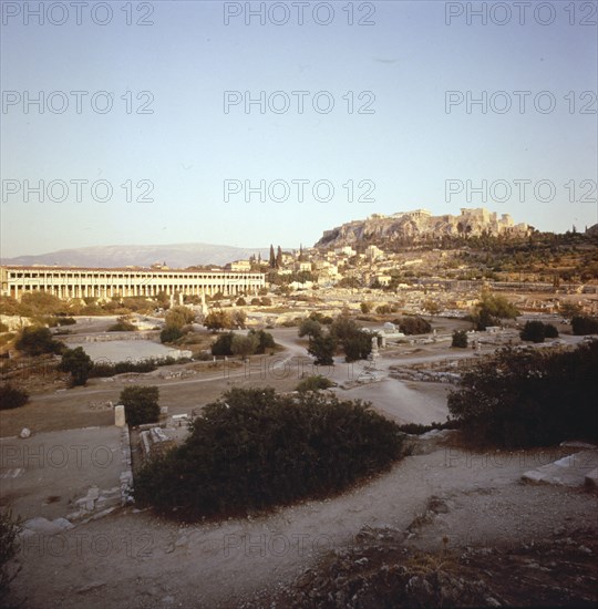 The Agora and Stoa of Attalos with Acropolis beyond, Athens, c20th century. Artist: Unknown.