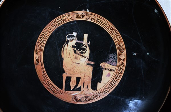 Detail of Greek red-Figured Kylix, Apollo seated at altar, with Kithara, Athens, c480BC-47 BC. Artist: Unknown.