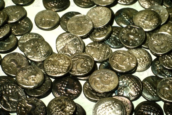 Hoard of Celtic Coins, (some copy Greek originals) found in Hungary, Silver, 1st Century BC.  Artist: Unknown.