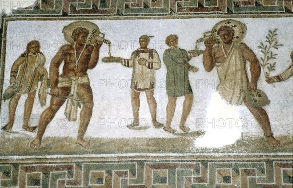 Roman floor mosaic, Servants bring wine to guests at a banquet, c3rd century. Artist: Unknown.
