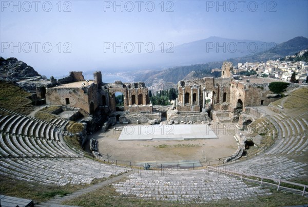 GreekGreek Ampitheatre, seashore and Mt Etna, Taormina, Sicily, 3rd century, (c20th century).  Artist: Unknown.