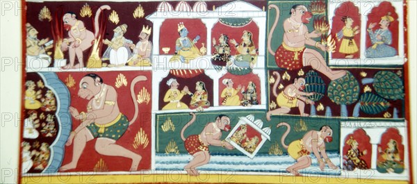 Hanuman, the Monkey-Demon, causing mischief among men, c1730. Artist: Unknown.