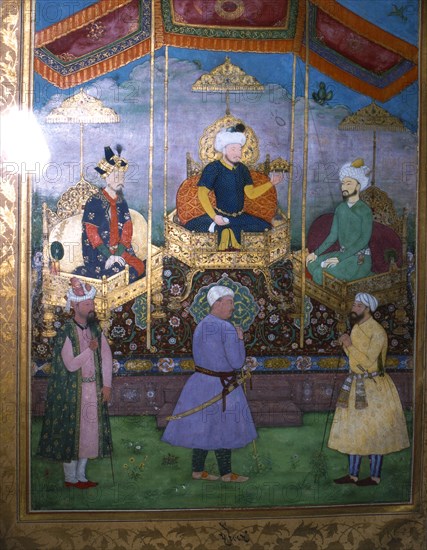 Timur hands his crown to Babur Mughal, c1630. Artist: Unknown.