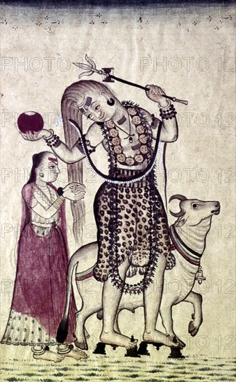 Siva, followed by his consort Parvati, walking with the Bull, Nandi, c1730. Artist: Unknown.