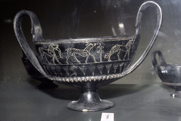 Etruscan Bucchero Vase with animal decoration, from Vulci. Italy,  c620 BC. Artist: Unknown.