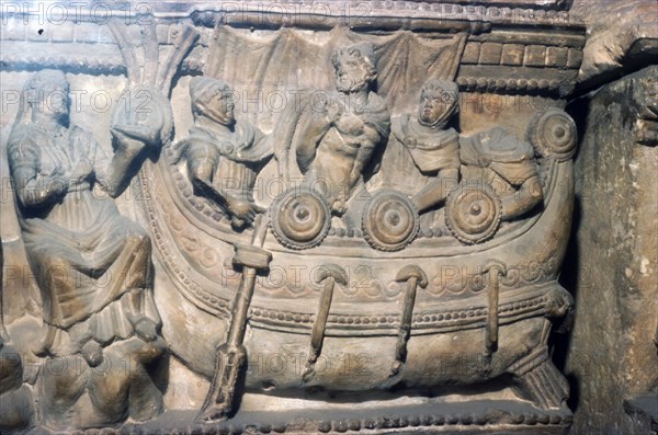 Etruscan Relief on funerary Urn, Odysseus (Ulysses) bound to mast with Sirens, c4th century BC. Artist: Unknown.
