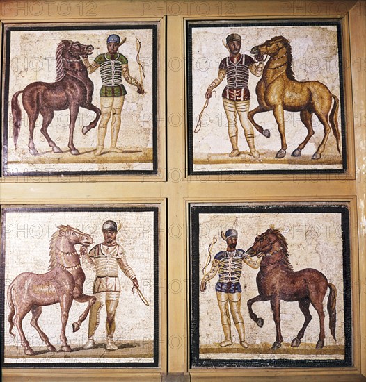 Roman Mosaic, Charioteers wearing Racing Colours of their sponsors, 1st-3rd century. Artist: Unknown.