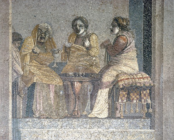 Roman mosaic of Scene from play with masked actors, Villa of Cicero, Pompeii, c2nd century BC. Creator: Dioscurides of Samos.