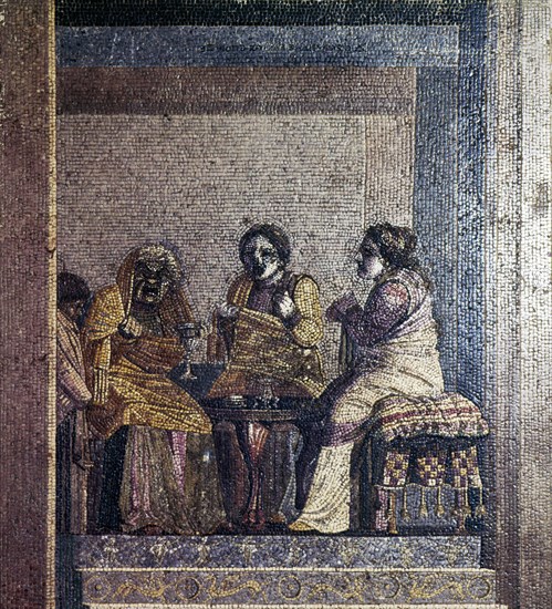 Roman mosaic of Scene from play with masked actors, Villa of Cicero, Pompeii,  c2nd century BC. Creator: Dioscurides of Samos.