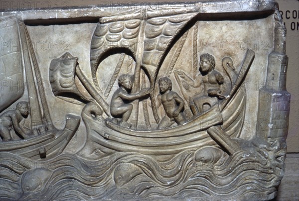 Roman relief, Merchant Ship with Lighthouse on right. Artist: Unknown.