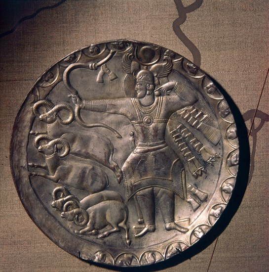 Sassanian Silver-Gilt Dish of King Peroz I, (459-484) Hunting Mouflon, c5th century.  Artist: Unknown.