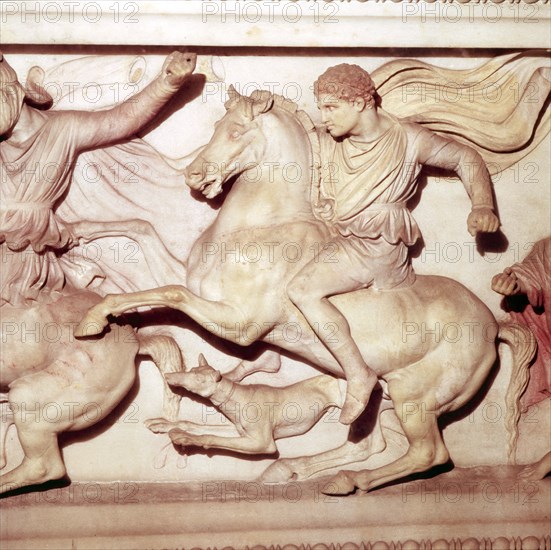 Alexander the Great of Macedon, Hunting detail from Alexander Sarcophagus, late 4th Century BC. Artist: Unknown.