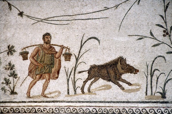 Roman Mosaic of Man and wild boar, c2nd-3rd century. Artist: Unknown.