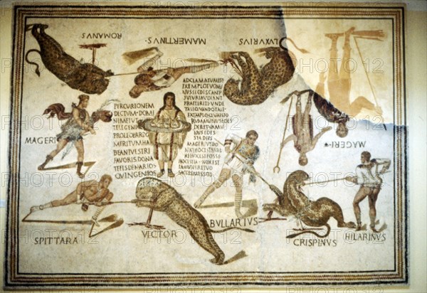 Telegenic Troupe kill leopards at 'Spectacle', Roman floor mosaic from Moknine, 3rd century. Artist: Unknown.