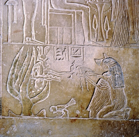 Egyptian relief, deceased priestess and Hathor with sycamore tree. Artist: Unknown.