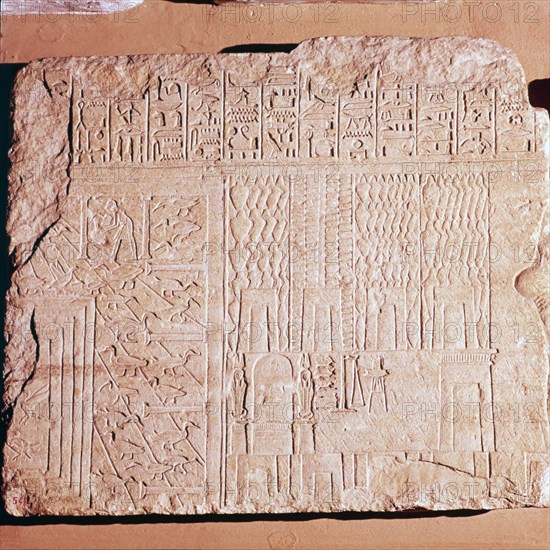 Egyptian Limestone Relief with scenes of Fields and Storehouses. Artist: Unknown.