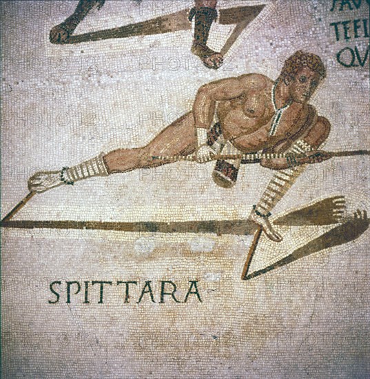 Roman Mosaic of Performer killing leopards in 'Spectacle', Tunisia, 3rd century. Artist: Unknown.