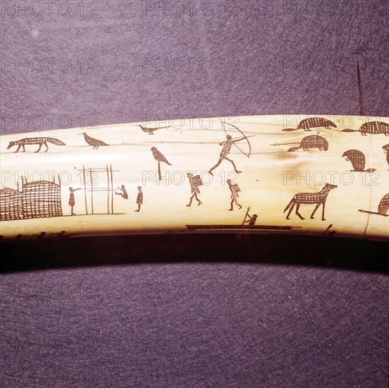 Eskimo Scene Detail of engraved walrus tusk, Western Eskimo. 19th Century.  Artist: Unknown.