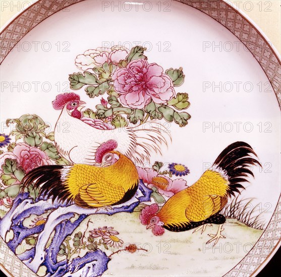 Cockerels, Famille Rose Enamel Porcelain Plate, Ch'Ieh Lung, 1736-1795. Artist: Unknown.