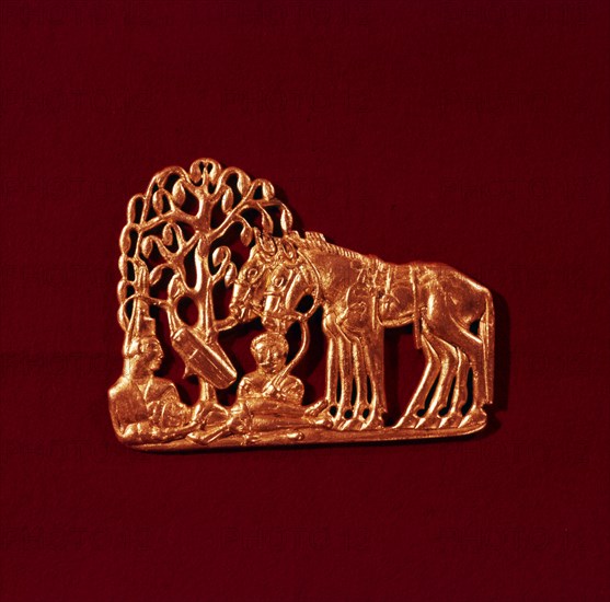 Sarmatian Gold Plaque, from Siberia, Scythian tree of life, and resurrected warrior,  5th century BC Artist: Unknown.