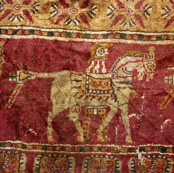 Carpet detail, Man and Horse, from Tomb at Pazyryk, Altai, USSR, 5th century BC-4th century BC Artist: Unknown.