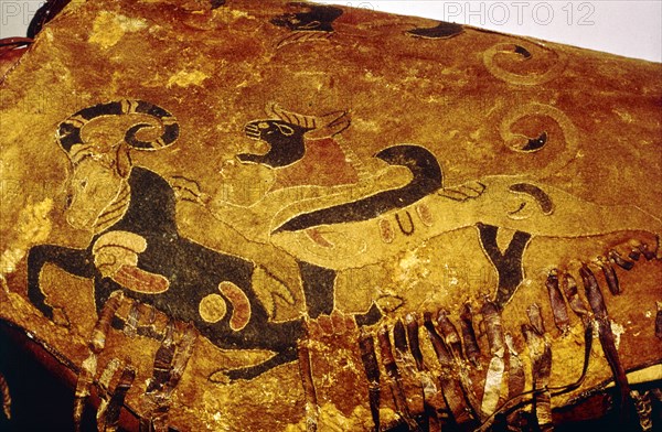 Saddle-Cover of Eagle-Griffin attacking Ibex, Pazyryk, Altai Region, 5th century BC-4th century BC. Artist: Unknown.