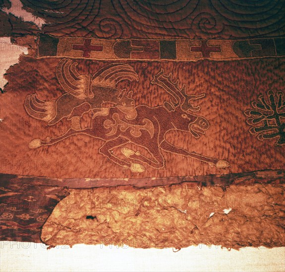Wall-hanging of griffin attacking an elk, from Kurgan, Northern Mongolia, c1st century BC. Artist: Unknown.