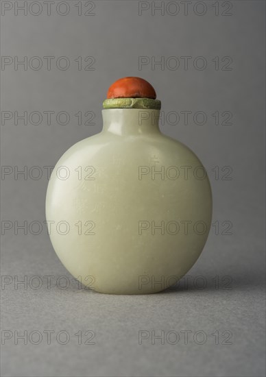 Jade snuff bottle with plum tree and characters on reverse, China, Qing dynasty, 1644-1911. Creator: Unknown.