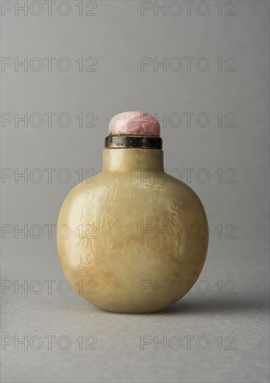 Jade snuff bottle with incised characters, China, Qing dynasty, 1644-1911. Creator: Unknown.