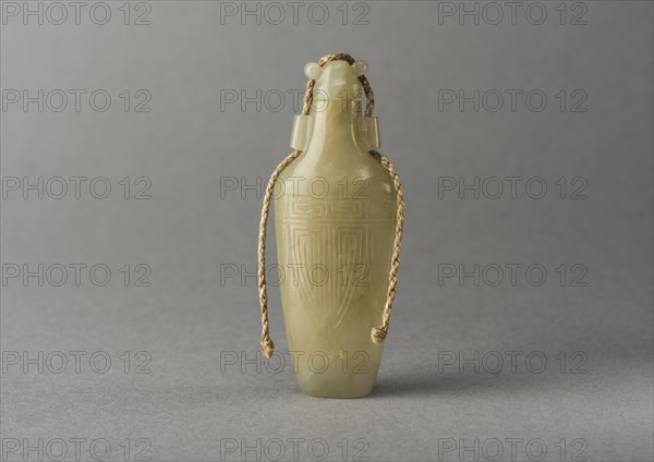 Pale Green jade snuff bottle with incised decoration, China, Qing dynasty, 1644-1911. Creator: Unknown.