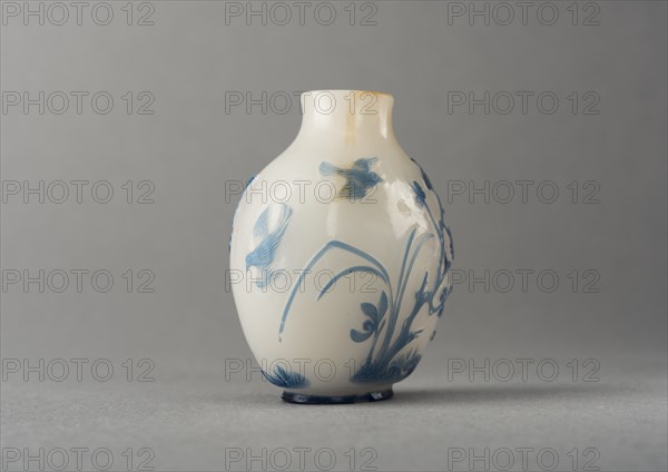 White glass snuff bottle with blue overlay, China, Qing dynasty, 1644-1911. Creator: Unknown.
