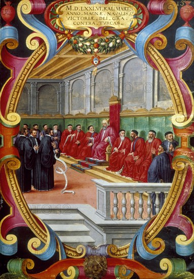 Doge of Venice and his counsel, late 16th century. Artist: Unknown