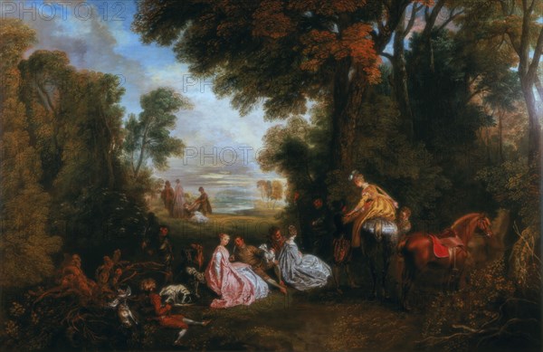 'The Halt During the Chase' ('Rendez-vous de chasse'), 1717-1720.  Artist: Jean-Antoine Watteau