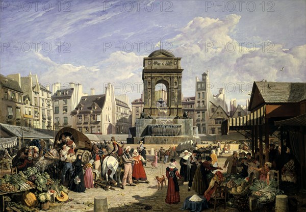 'Market and Fountain of the Innocents', Paris, 1823. Artist: John James Chalon