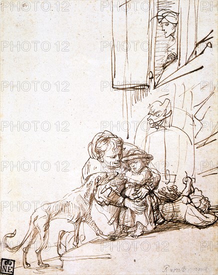 'Woman with a Child Afraid of a Dog', 17th century. Artist: Rembrandt Harmensz van Rijn