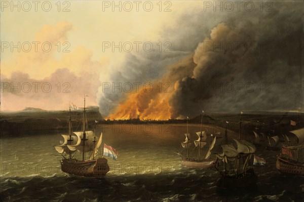 Seascape with a fire in the distance, 1667. Artist: Ludolf Backhuysen I