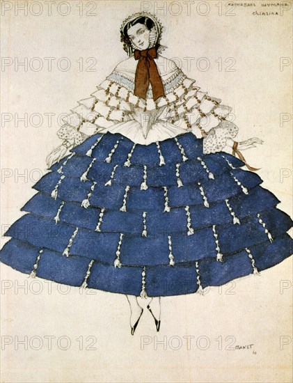 Chiarina, design for a costume for the ballet Carnival composed by Robert Schumann, 1919.  Artist: Leon Bakst