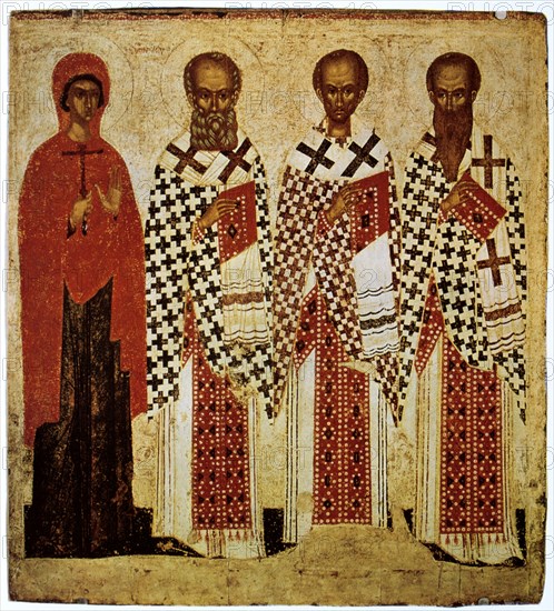 Saints Paraskeve, Gregory the Theologian, John Chrysostom and Basil the Great, early 15th century. Artist: Unknown