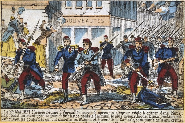 Government soldiers advancing into Paris to suppress the Commune, 24th May 1871. Artist: Anon